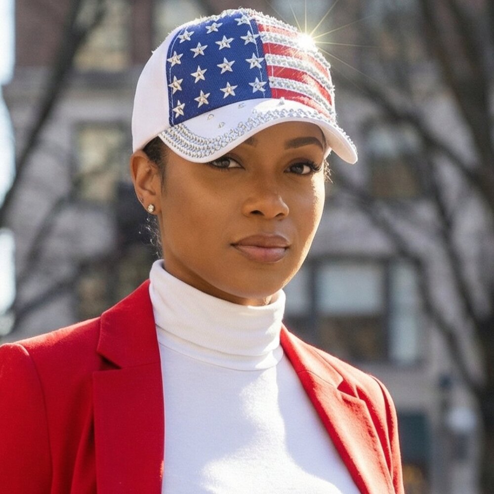 Bling American Flag Baseball Cap White Patriotic Trucker-Style Hat | Rhinestone